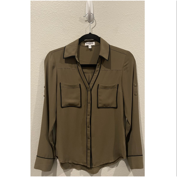 EXPRESS The Portofino Shirt Slim Fit Khaki Black Blouse - Picture 1 of 5